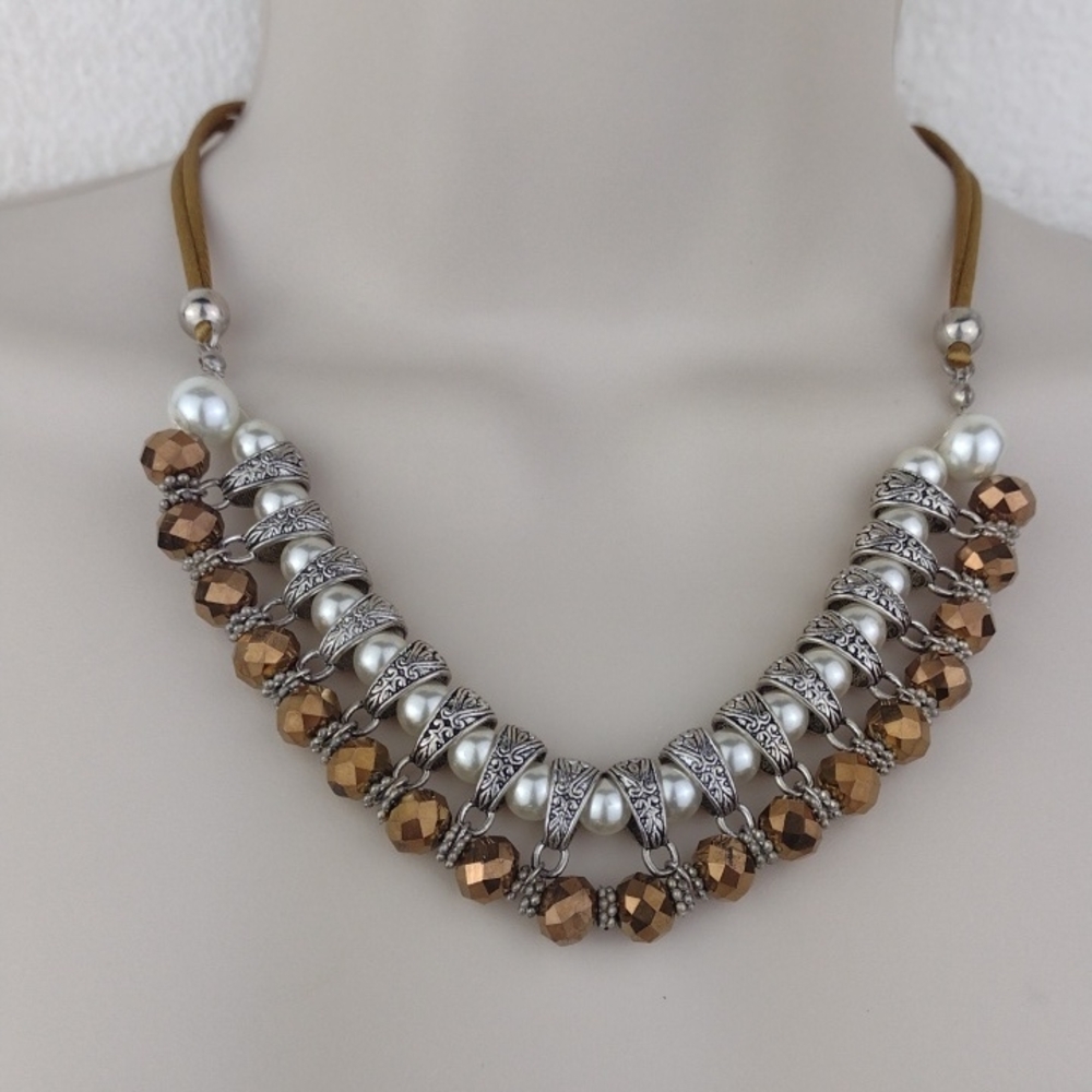 Gorgeous Pearl & Bronze Metallic Faceted Bead Silver Accent Satin Cord Necklace